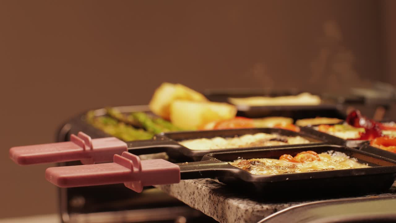 French Swiss or Spanish restaurant with traditional tapas food, Spanish cuisine, delicious tapas and cheese plate, bruschetta with cheese, olives dry tomatoes and tasty sandwich bar appetizer, buffet