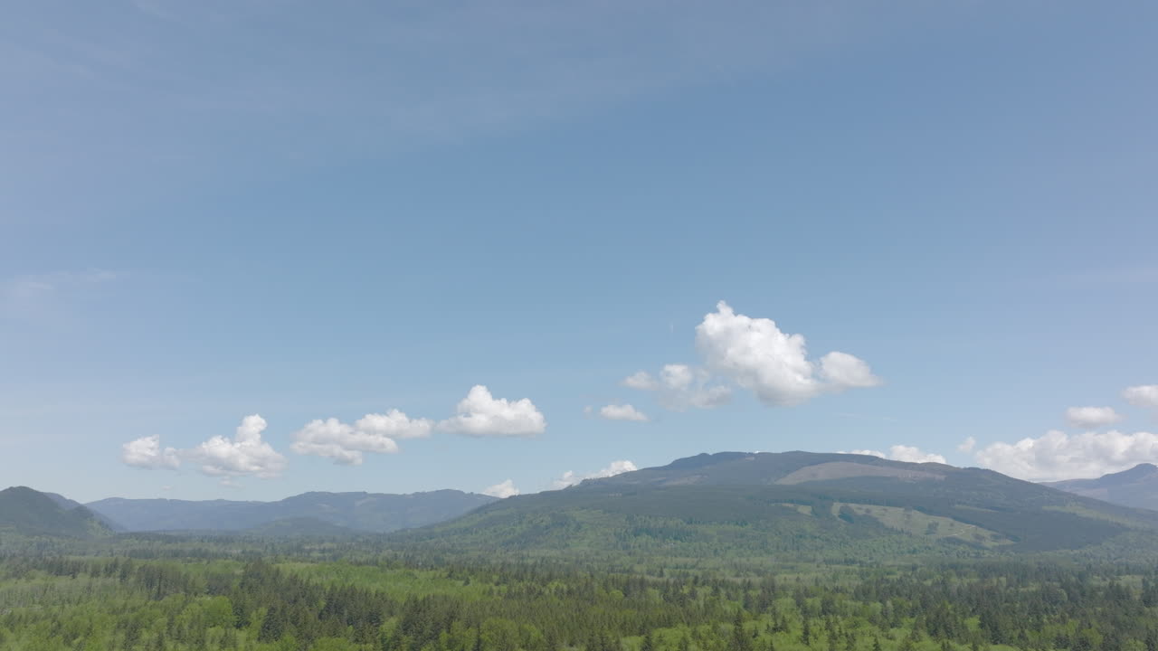 화려한 날에 태평양 북서쪽 풍경을 드러내기 위해 위로 기울어진 워싱턴 벨링햄의 휴게소의 공중 전망