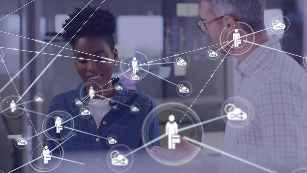 Business Colleagues Collaborating in Modern Office with Digital Network Overlay