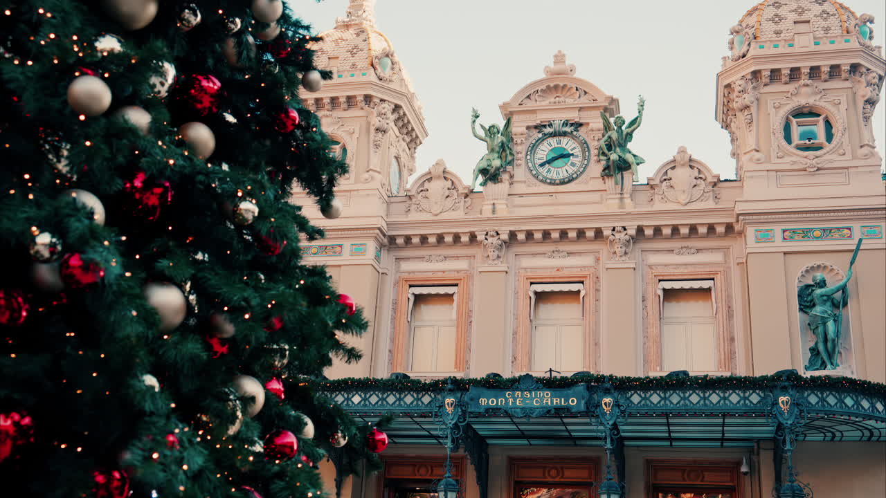 Monte Carlo , Monaco -December 23, 2024: Decorations on a Christmas tree in front of the Monte Carlo Casino