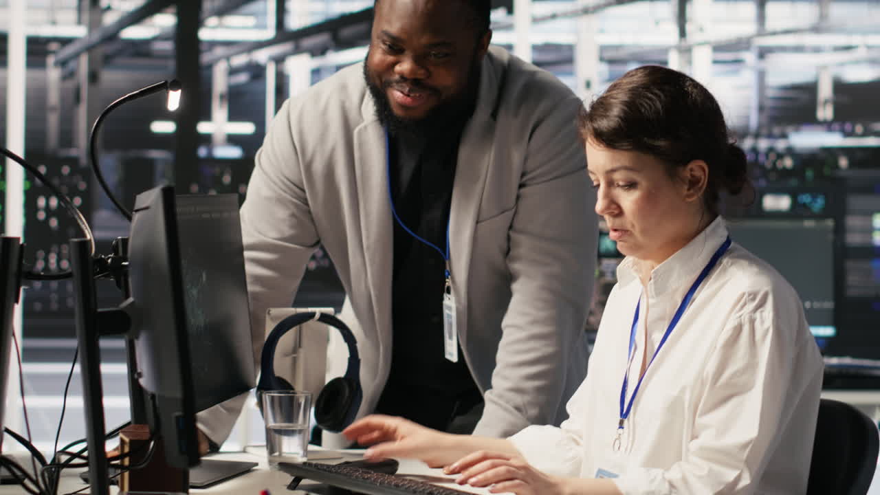 Vertical video Joyous data center team leader giving high five to worker