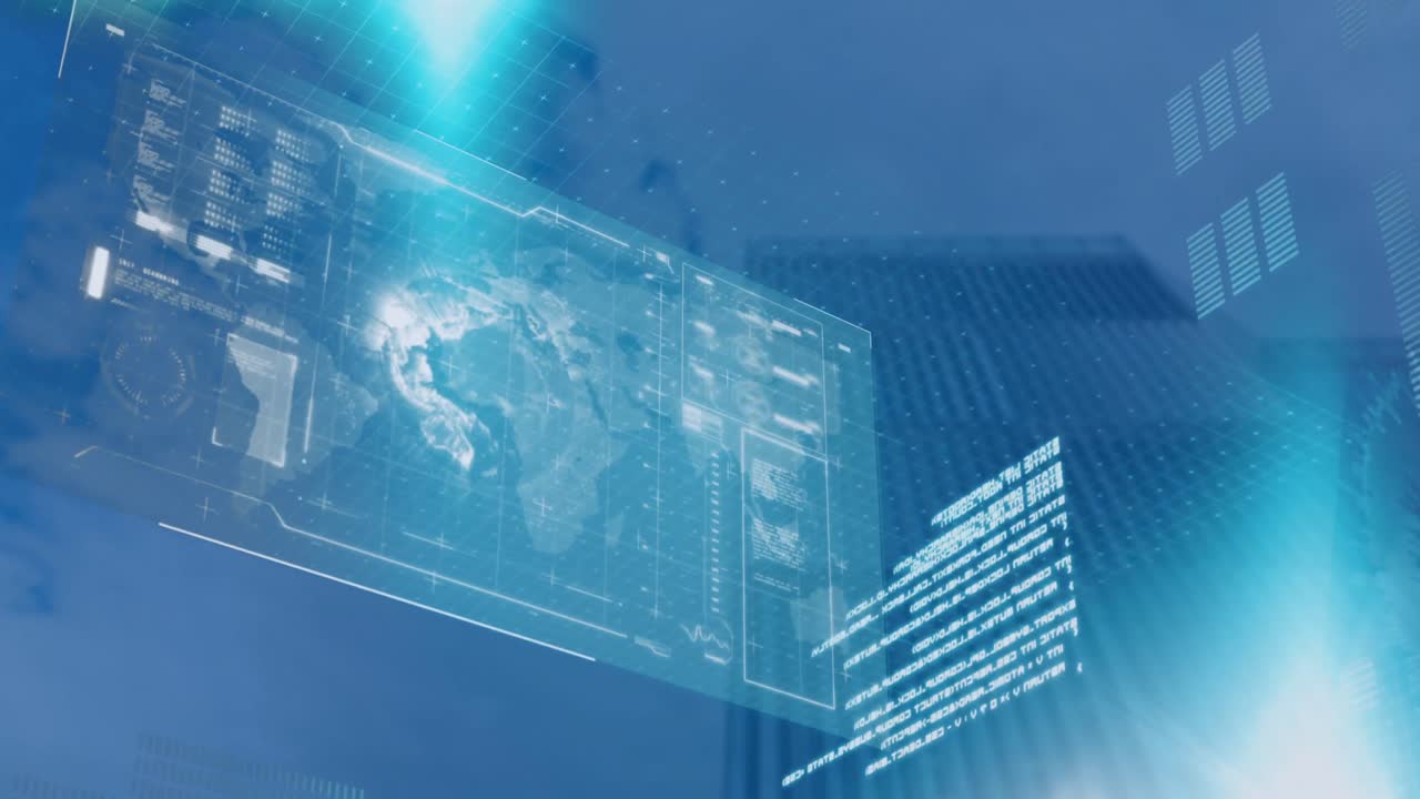 데이터 프로세싱과 높은 건물에 대한 파란 빛의 스을 가진 인터페이스의 애니메이션