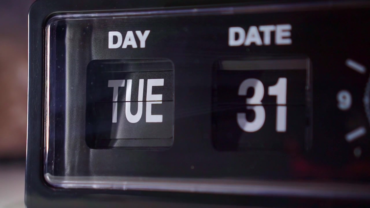 Vintage clock display flipping to new day and date close up time passing and schedule concept.
