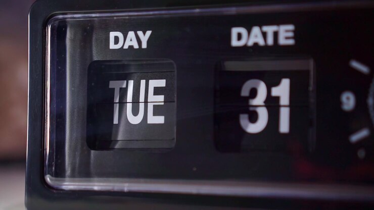 Vintage clock display flipping to new day and date close up time passing and schedule concept.