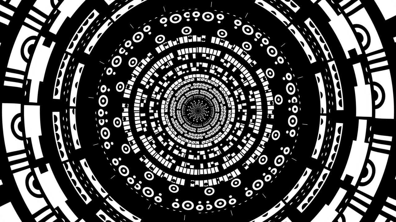 figuras blancas y negras en los círculos del túnel. fondo contrastante. animación dinámica expresiva.