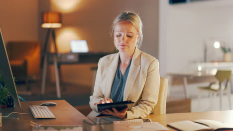 office, thinking and woman on tablet for market