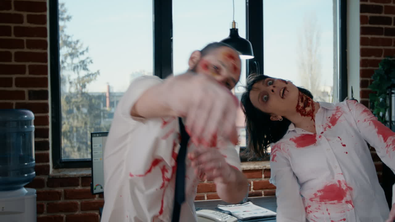 Bizarre looking office zombies running towards camera in office workspace
