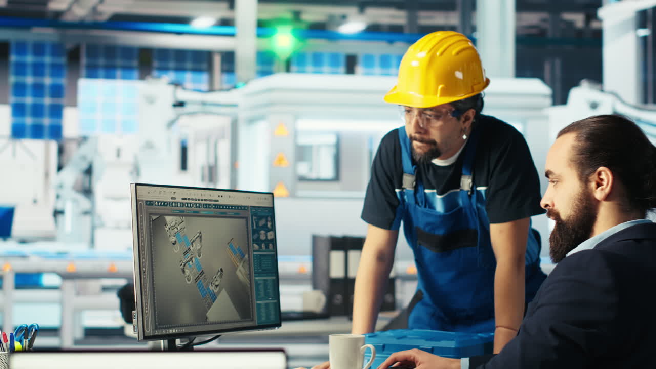 Photovoltaics factory researcher telling worker how to improve efficiency