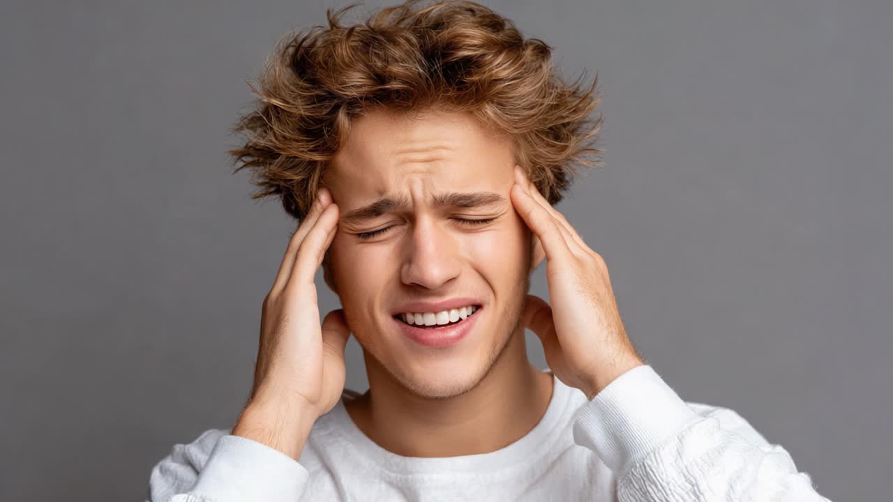 A Young Man Expressing Distress and Pain, Holding His Head in Frustration While Struggling with Headache or Stress in a Calm Background