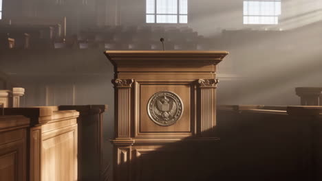 empty courtroom with podium and sunlight rays