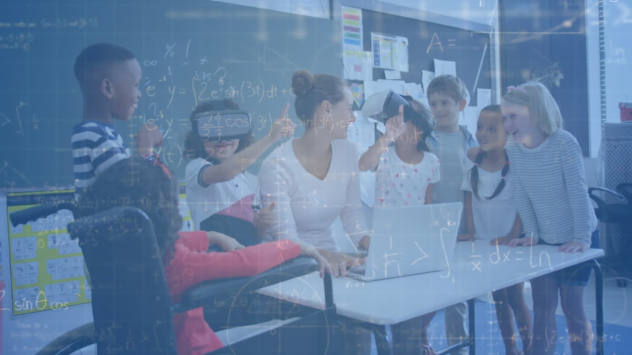 Mathematical equations floating against caucasian female teacher teaching students using laptop