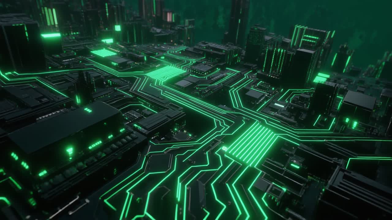 Glowing Green Lines Flowing Through a Futuristic Digital City