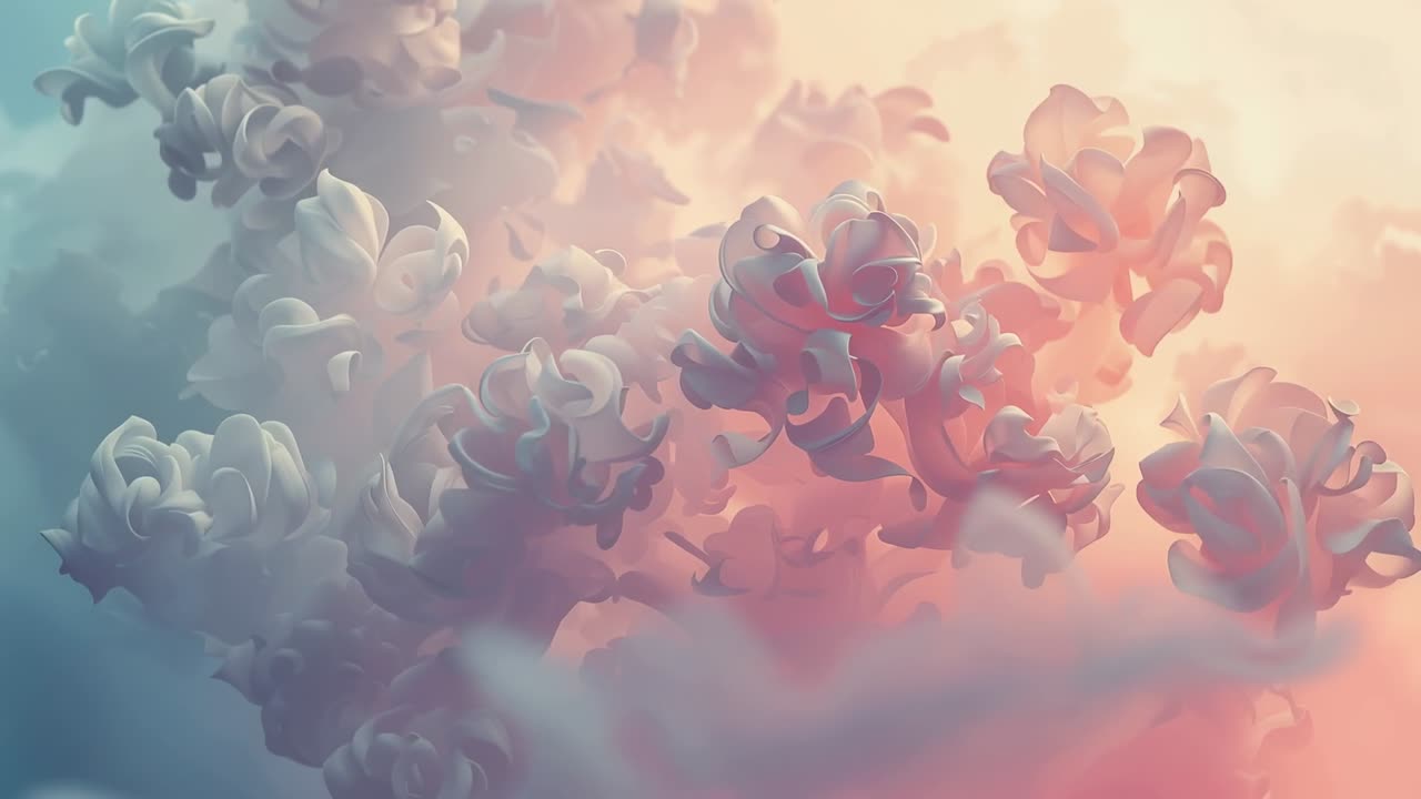 Starting sequence drifting plume cluster reshaping with mist veil moving under warm light