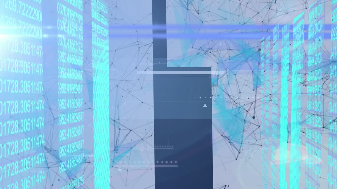 Animation of shapes moving and data processing over blue background