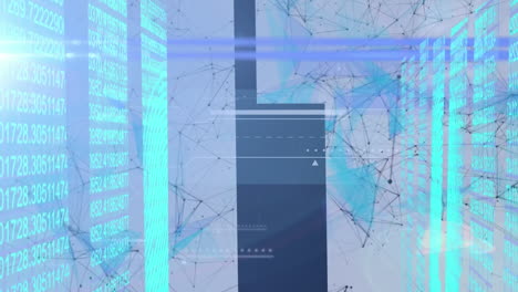 Animation of shapes moving and data processing over blue background