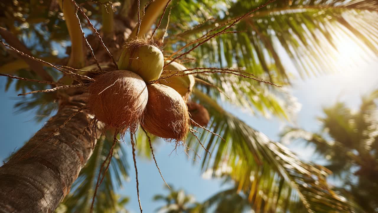 A Majestic Coconut Tree Under Bright Sunlight: Beautiful Close-Up of Ripening Coconuts Surrounded by Lush Greenery, Capturing the Essence of Tropical Paradise Living