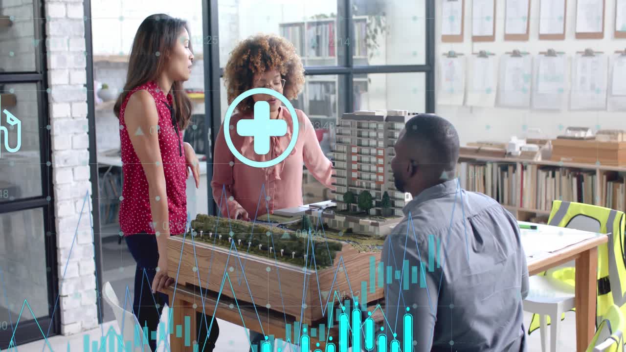 processamento de dados e ícones de mídia sobre diversos arquitetos discutindo o modelo de construção