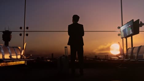 full body back view of asian businessman with rolling suitcase in boarding lounge at the airport, crossing his arms, looking around, waiting for flight, airplane takes off outside the window at sunset