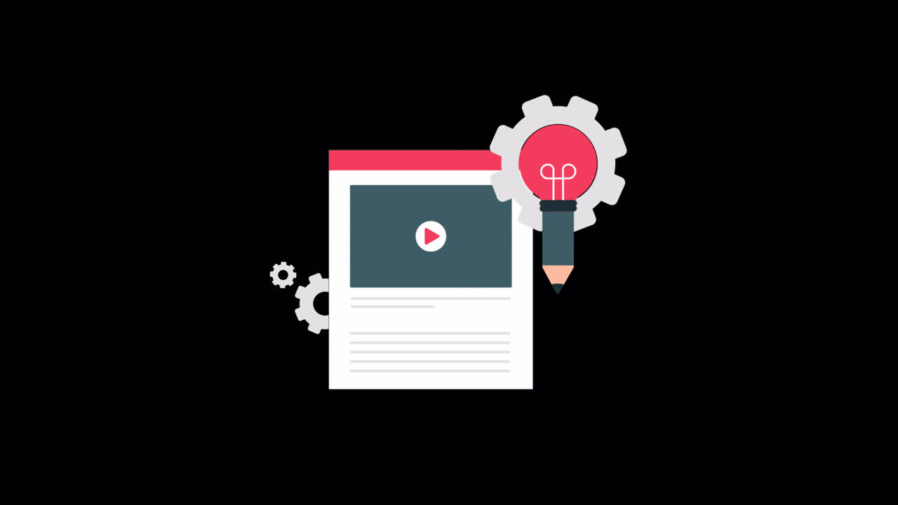 Animated Web Page with Video Player, Gears, Lightbulb, and Pencil