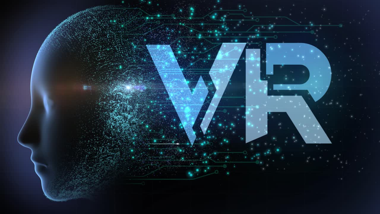 diseño de concepto gráfico animado de alta calidad que representa la tecnología de realidad virtual emergente con neuronas disparadas en circuitos y partículas que fluyen del cerebro ai, en un esquema de color azul