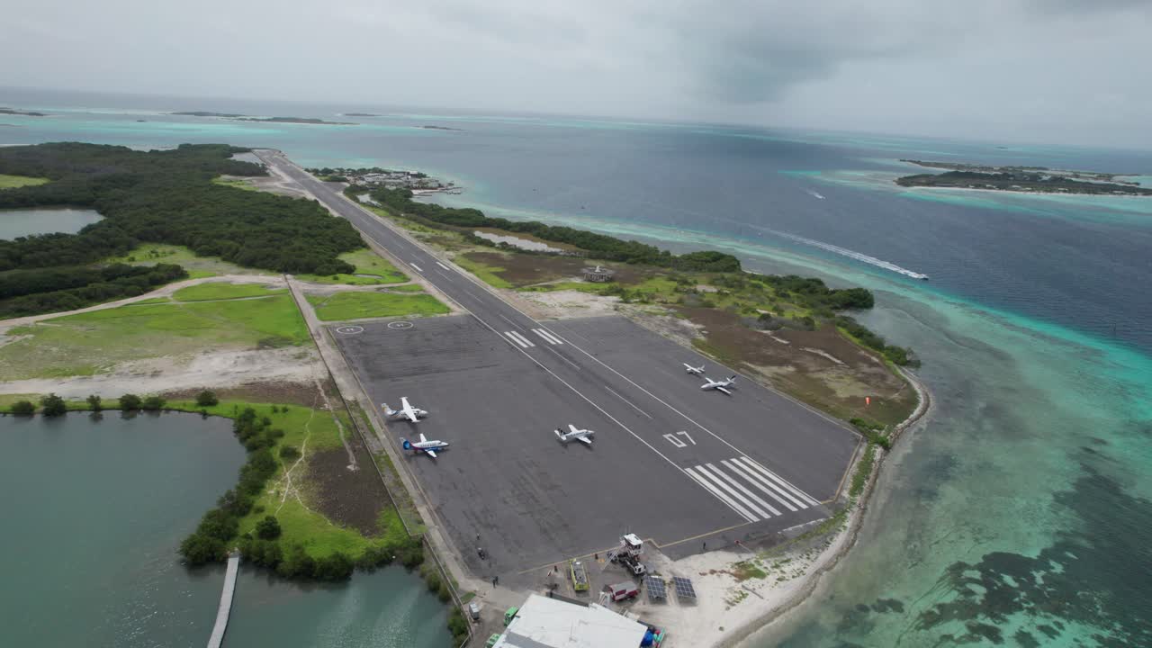 Aerial view of Los Roques airport and surrounding ocean landscape