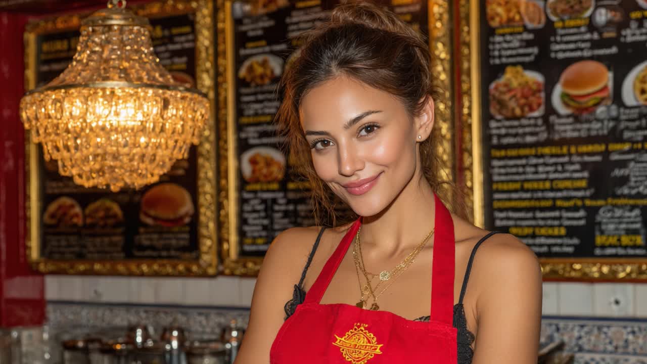 A Bright Smile in a Cozy Eatery with a Warm Atmosphere, Showcasing a Cheerful Employee Ready to Serve Delicious Dishes in a Friendly Environment