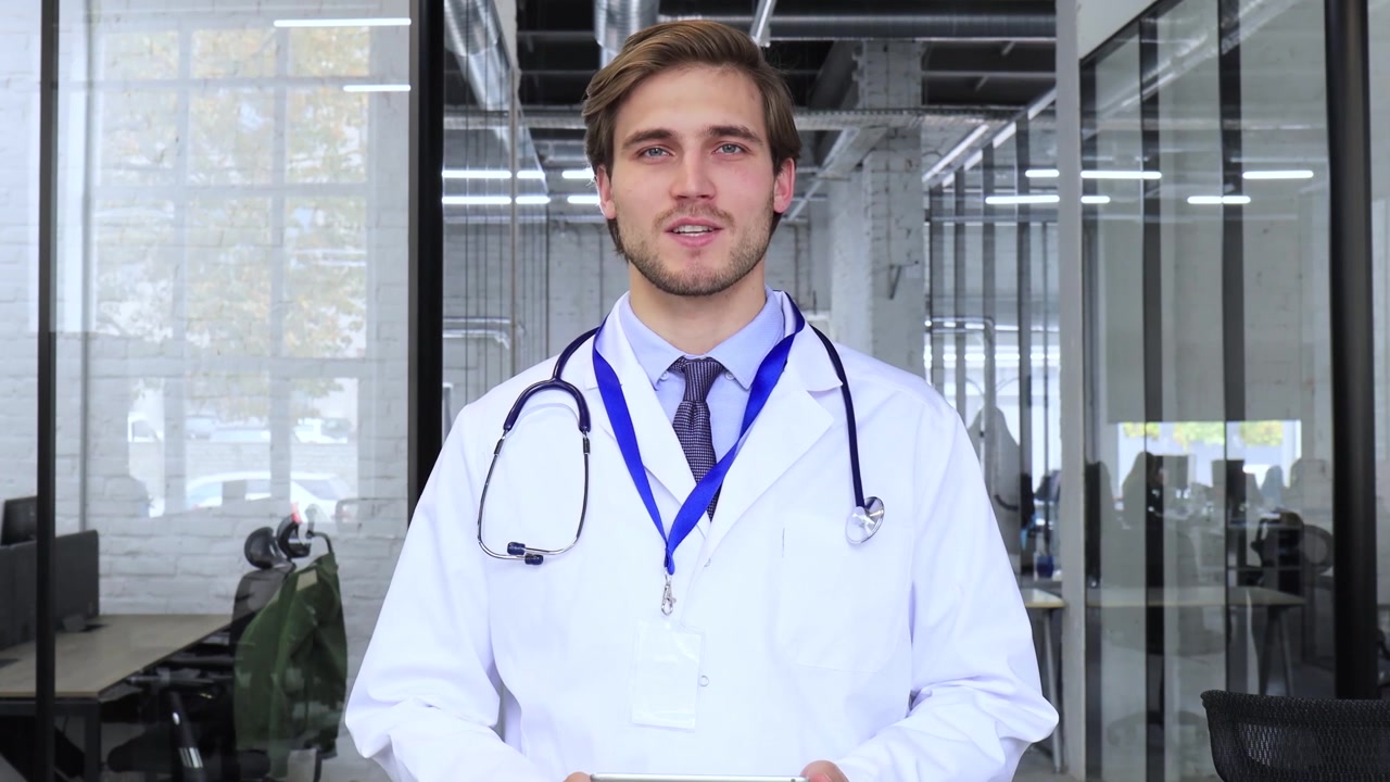 Médico profesional con estetoscopio explicando y gesticulando