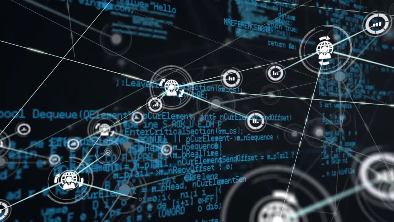animación de la red de conexiones con iconos sobre el procesamiento de datos