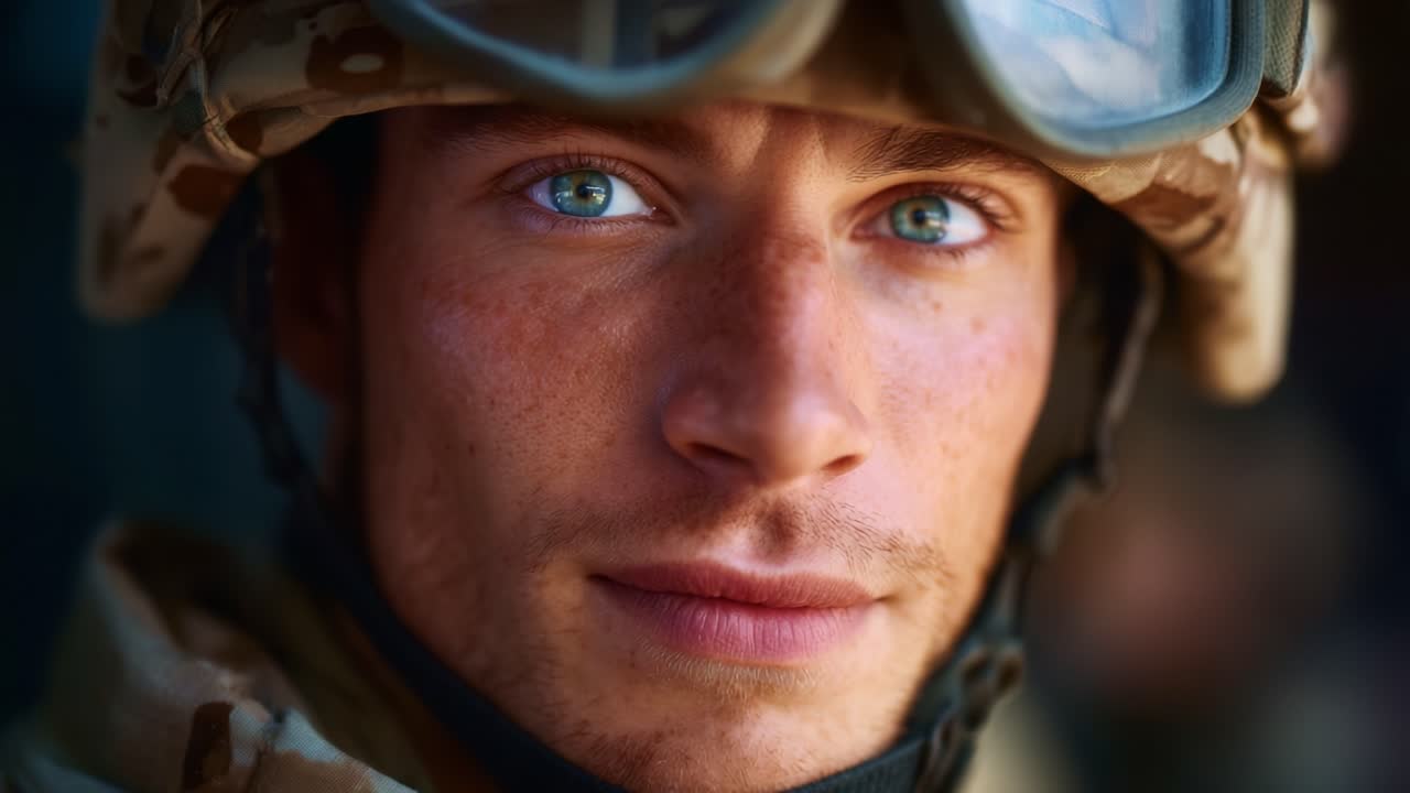 Close-Up Portrait of a Young Soldier with Striking Blue Eyes, Displaying Determination and Resilience in a Military Environment