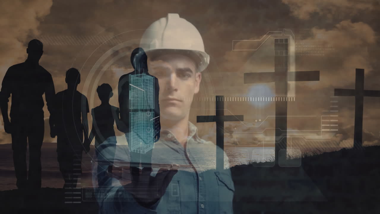 Using animation, construction worker in hard hat interacting with digital interface