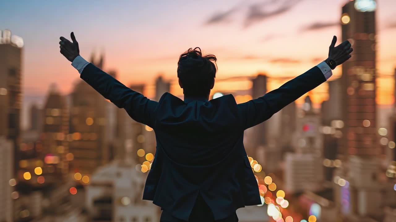 Successful businessman overlooking city skyline at sunset