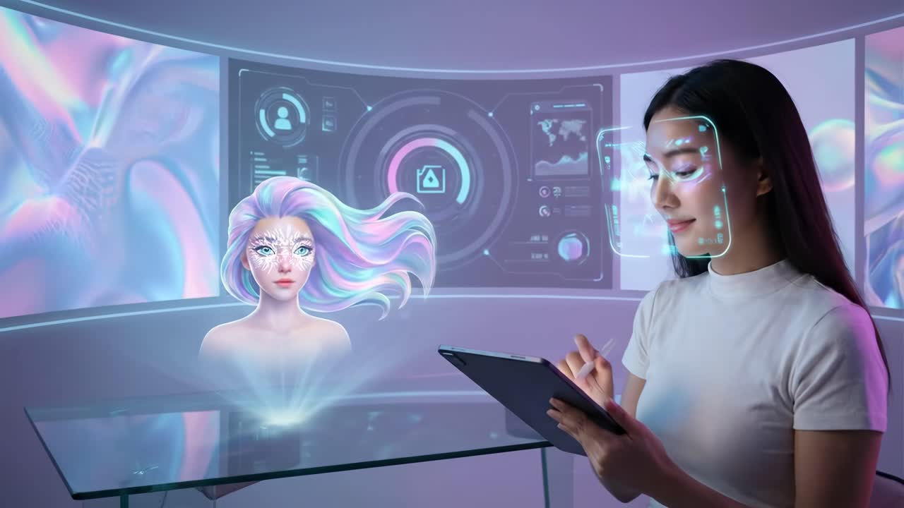 Mujer joven con avatar holográfico e interfaz futurista