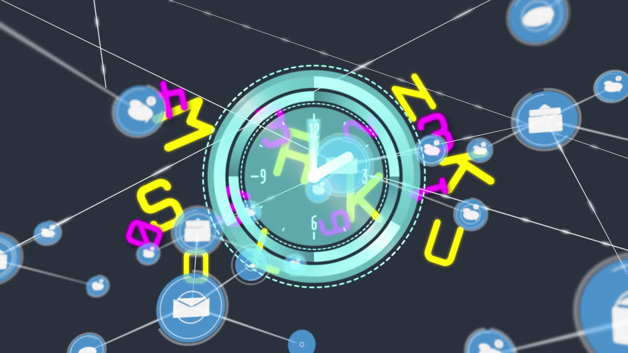 검은색 배경에서 시계 위의 아이콘과 데이터 처리를 가진 연결 네트워크의 애니메이션