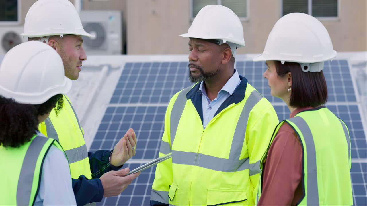 Engineering, teamwork and tablet of solar panels
