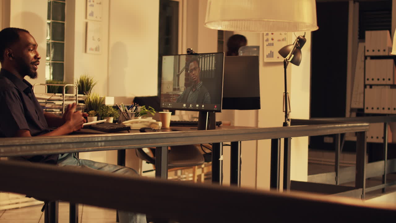 African american man attending conference meeting