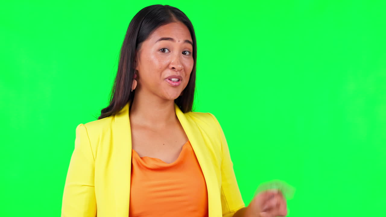 Green screen, woman face and finger pointing