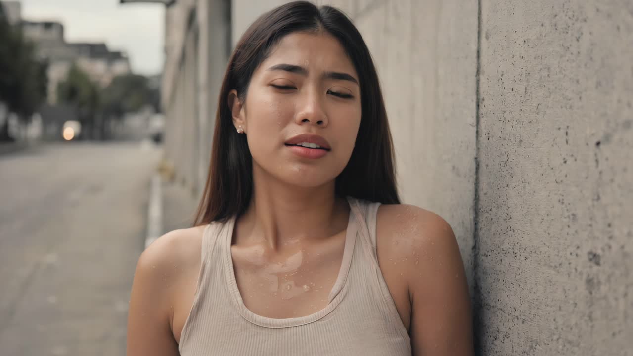 A woman experiencing emotional distress and sweating heavily stands near a concrete wall