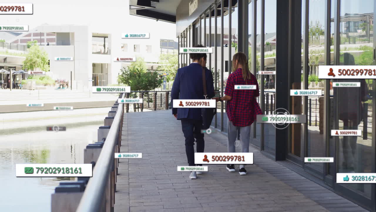 Walking on sidewalk, people surrounded by floating digital data tags in animation
