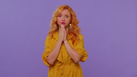 redhead stylish girl praying, looking upward and making wish, asking god for help, begging apology