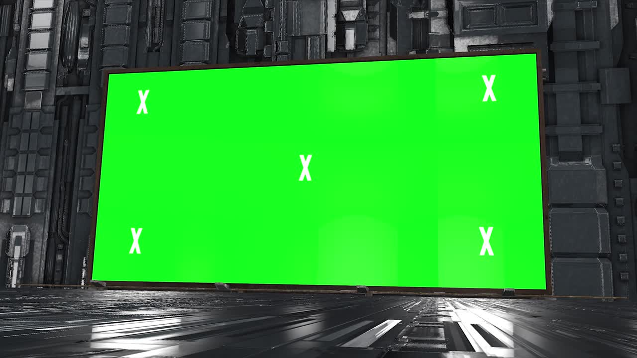 추상적인 크리에이티브 터널 및 그린 스크린 알파 채널 광고판 모형: 네온, 파란색 보라색 led 바 및 기술, sf, 미래의 사이버 크, 빈 프레임으로 3d 렌더링