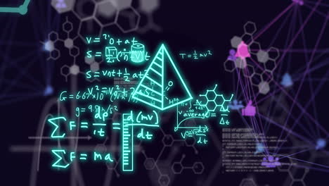 animation of mathematical equations, globes of digital icons and data processing on black background