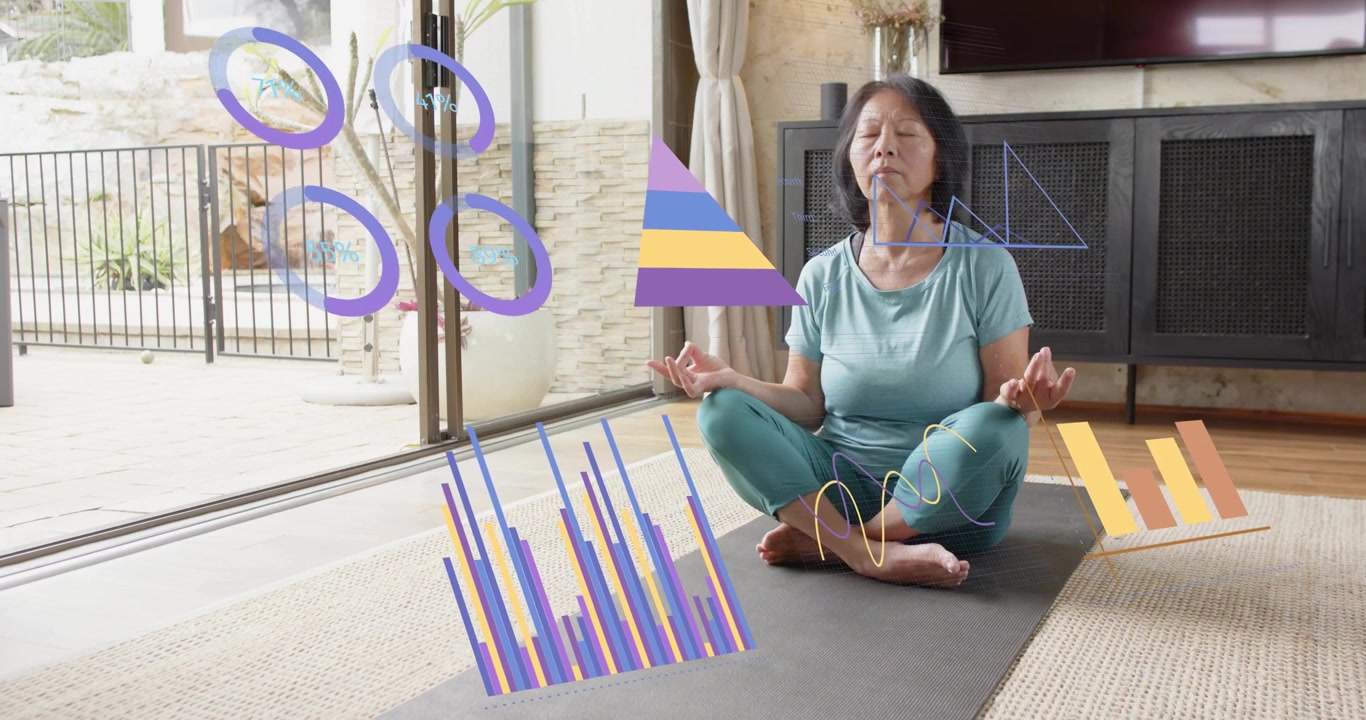 Senhora sentada em tapete de yoga iniciando rotina de bem-estar, com gráficos animados guiando a respiração.