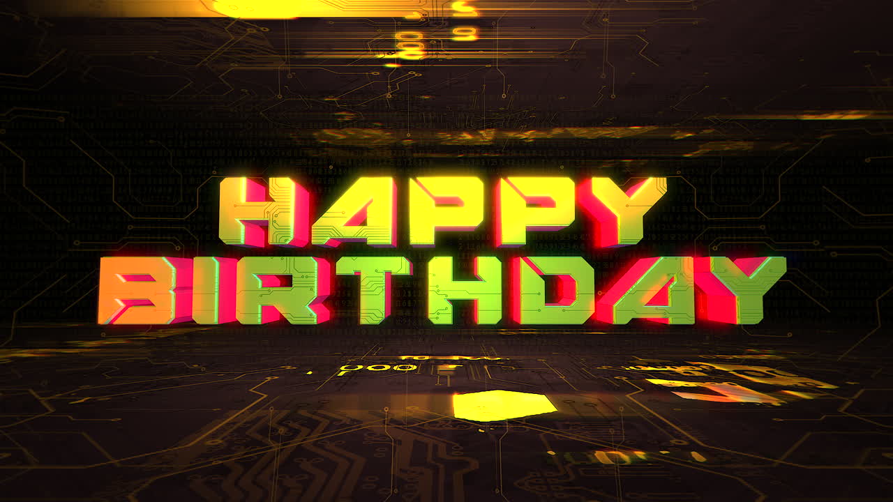 Happy Birthday with neon motherboard and computer matrix