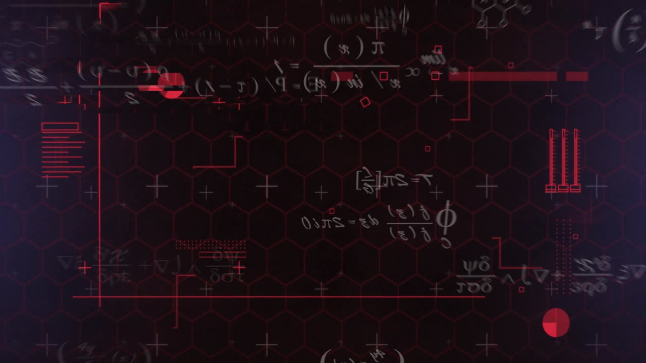 Animation of red geometric shapes and math symbols on dark hexagonal grid