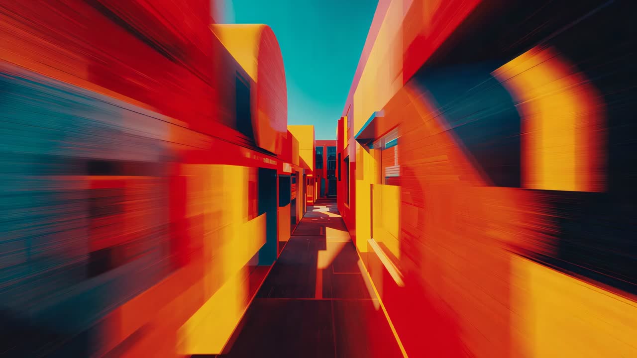 Advancing camera exploring narrow 3D-rendered alleyway, revealing angular shadows and vivid facades