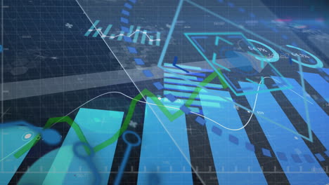 animation of statistics recording with green line and data processing on blue background