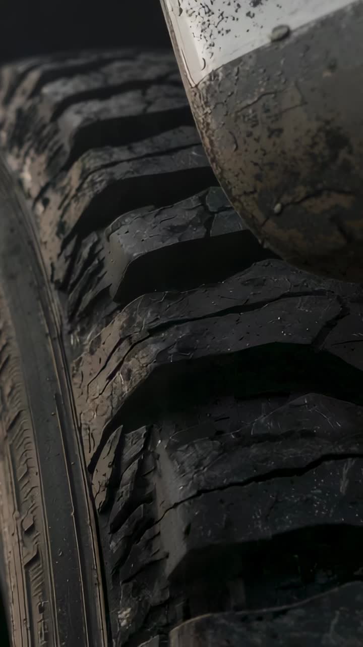 Vertical video: Camera panning tire revealing cracked tread for inspection in garage, mud