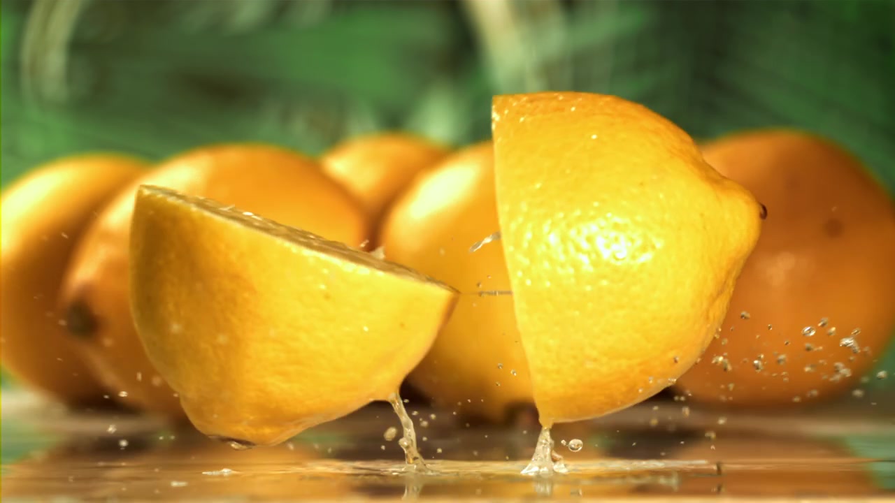 Limone appena tagliato che cade e schizza nell'acqua al rallentatore