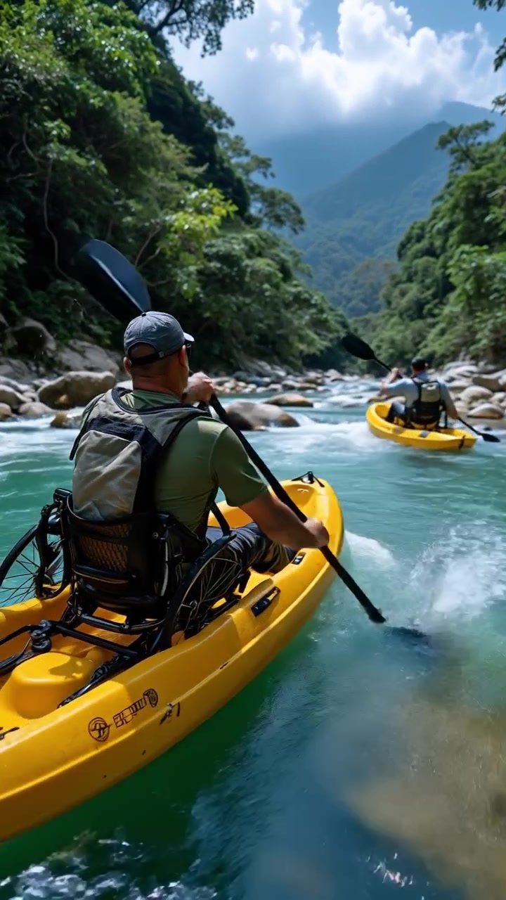 Uomo in sedia a rotelle che pagaia un kayak giallo attraverso un fiume tropicale circondato da alberi verdi lussureggianti.