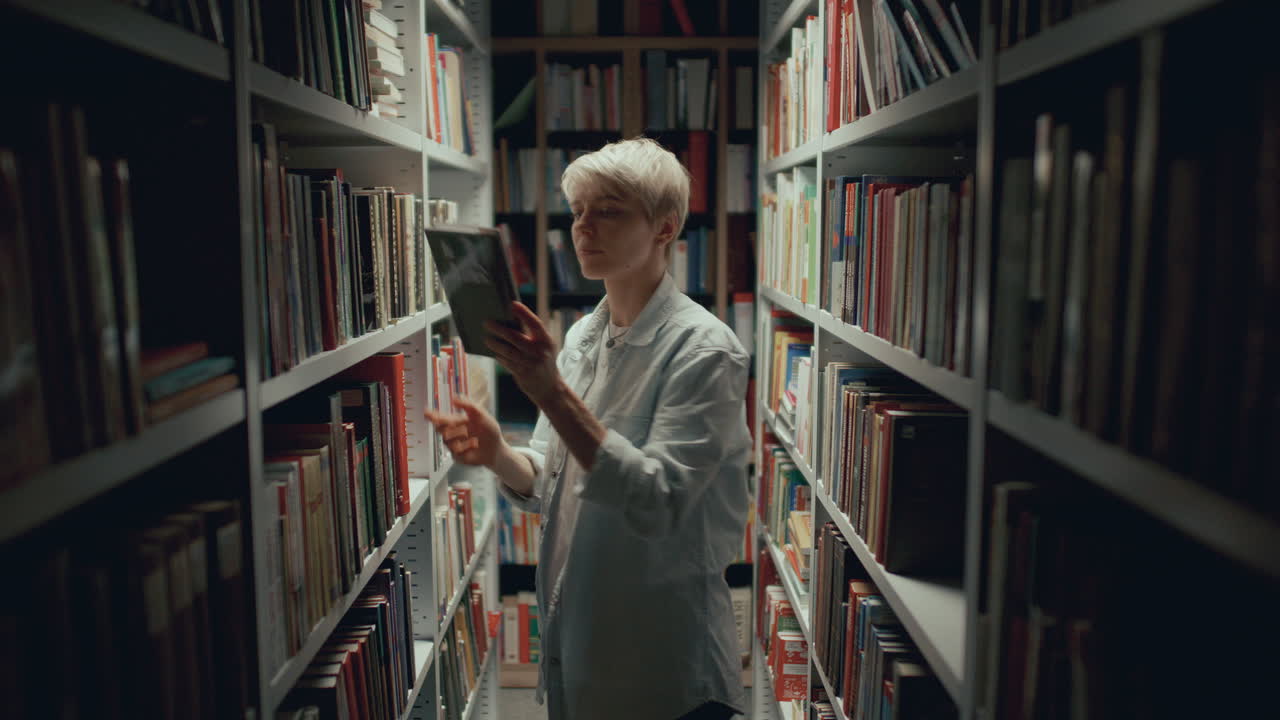 молодая женщина выбирает книгу в тускло освещенном коридоре библиотеки